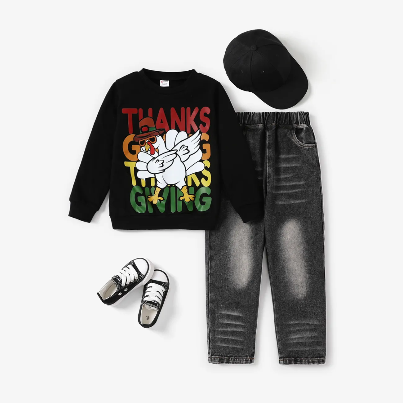 2PCS Kid Boy Thanksgiving Casual Letter Top/ Denim Pant Set
Black big image 1