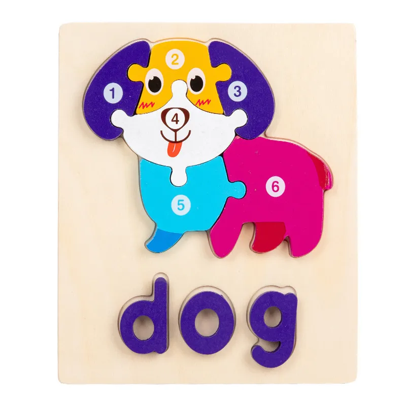Números de desenhos animados de madeira e letras Puzzle Toy para aprendizagem precoce e reconhecimento de palavras cor-f