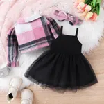 3pcs Baby Girl Sweet Pink Plaid Wool Blend Mesh Dress Set with Headband  image 2