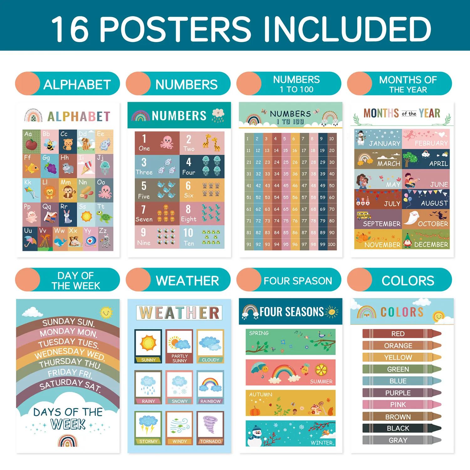 16-Piece Set of Children's Early Education Cartoon Decorative Cards Color-B