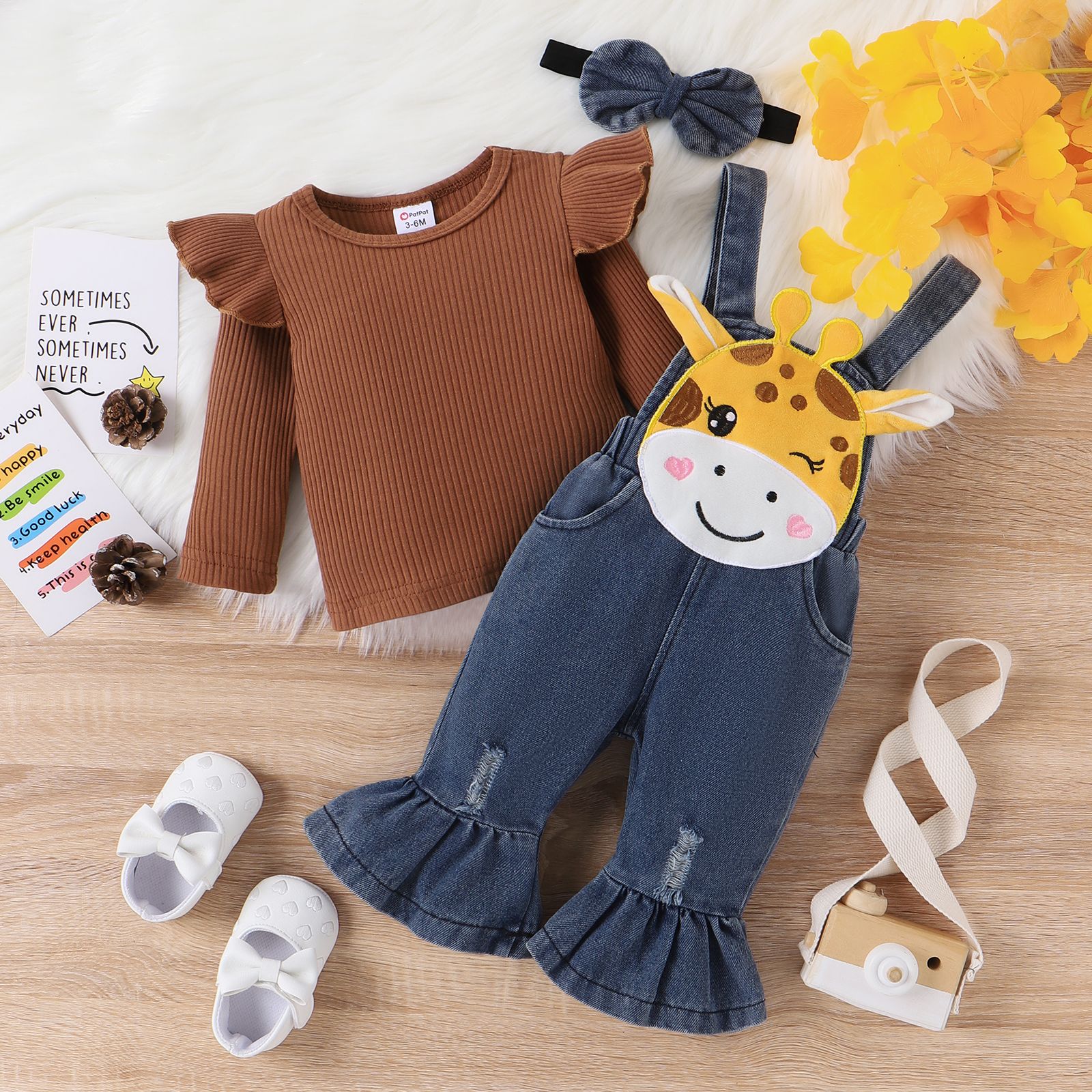 2pc Baby Girl Childlike 3D Giraffe Animal Print 95% Cotton Top And Denim Jean Set