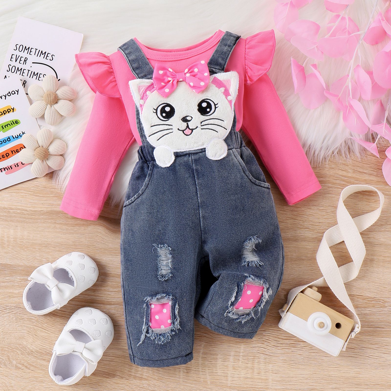 2pcs Baby Girls Ruffled Tshirt And 3D Cat Animal Print Jeans Overall Set