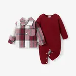 2pcs Baby Boy/Girl  Casual Plaid Jumpsuit Long Sleeve Round Neck Set Scarlet