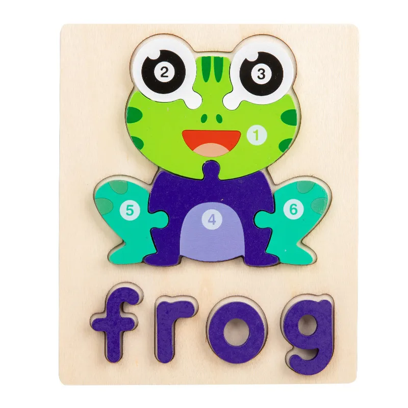 Números de desenhos animados de madeira e letras Puzzle Toy para aprendizagem precoce e reconhecimento de palavras Verde