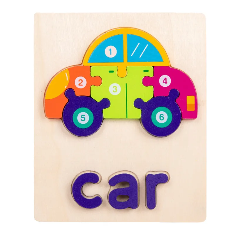 Números de desenhos animados de madeira e letras Puzzle Toy para aprendizagem precoce e reconhecimento de palavras Cor-E