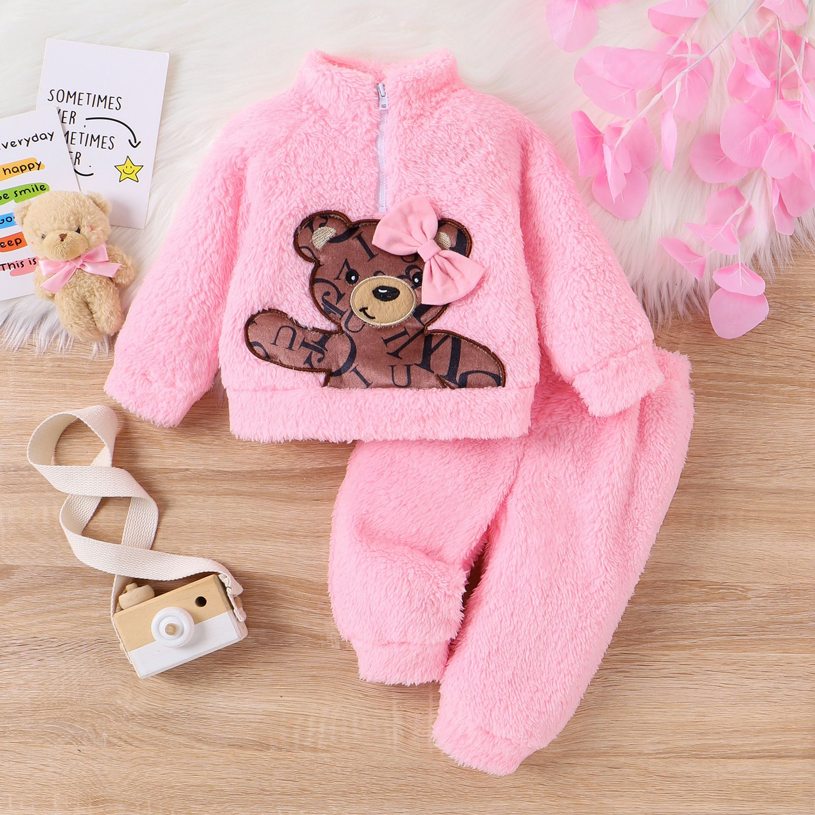 Baby Girl 2PCS Bear Animal Print Fuzzy Set With Stand Collar