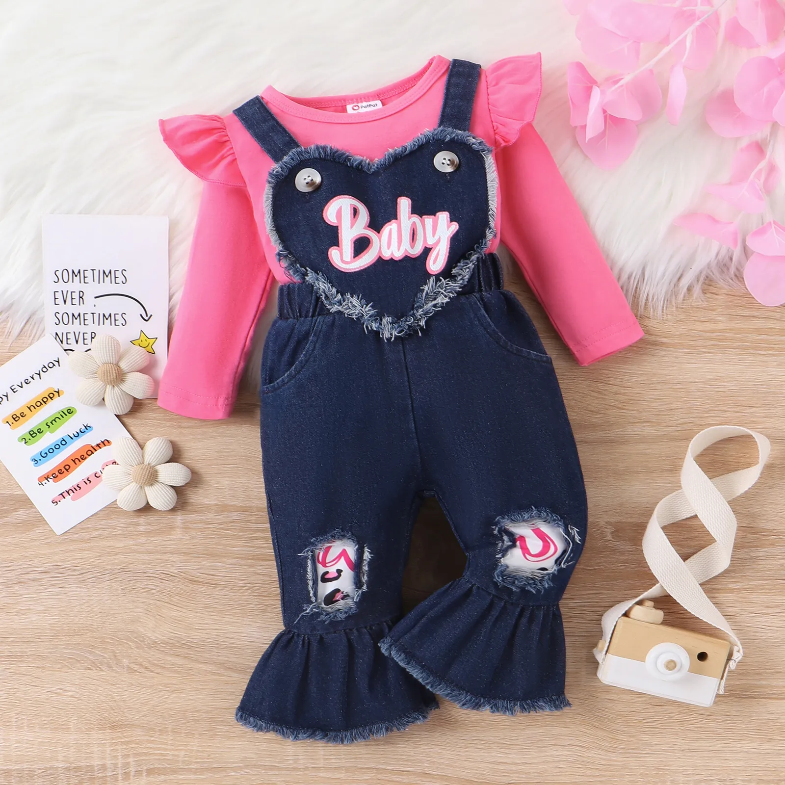 2pcs Baby Girl Cotton Ruffled Tshirt And Heart Shape Denim Overall Set