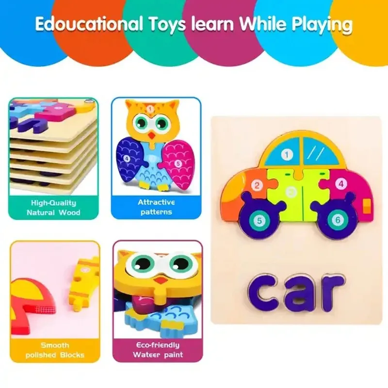 Números de desenhos animados de madeira e letras Puzzle Toy para aprendizagem precoce e reconhecimento de palavras Cor-C image 3