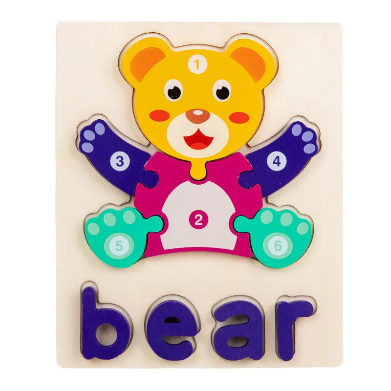 Números de desenhos animados de madeira e letras Puzzle Toy para aprendizagem precoce e reconhecimento de palavras Azul