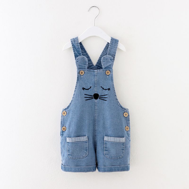 Toddler Girl Cat Embroidered Denim Overall Shorts