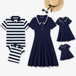Family Matching Casual Navy Blue Short-sleeve Stripes Polo Shirts and Solid Sailor Collar Smocked Hem Dresses Sets  image 2