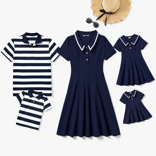Family Matching Casual Navy Blue Short-sleeve Stripes Polo Shirts and Solid Sailor Collar Smocked Hem Dresses Sets