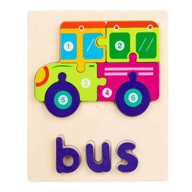 Números de desenhos animados de madeira e letras Puzzle Toy para aprendizagem precoce e reconhecimento de palavras Rosado