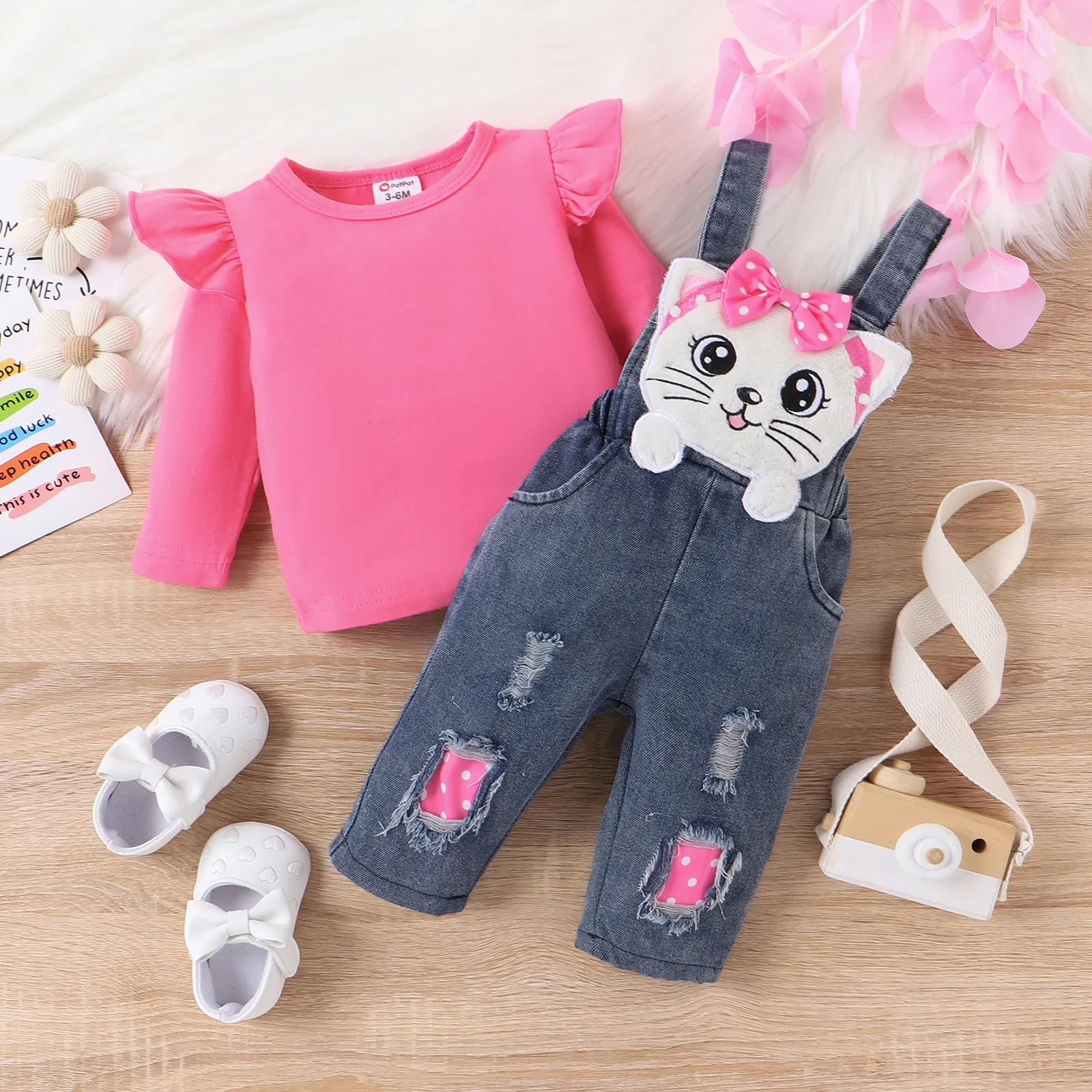 2pcs Baby Girls Ruffled Tshirt and 3D Cat Animal print Jeans Overall Set  Hot Pink image 2