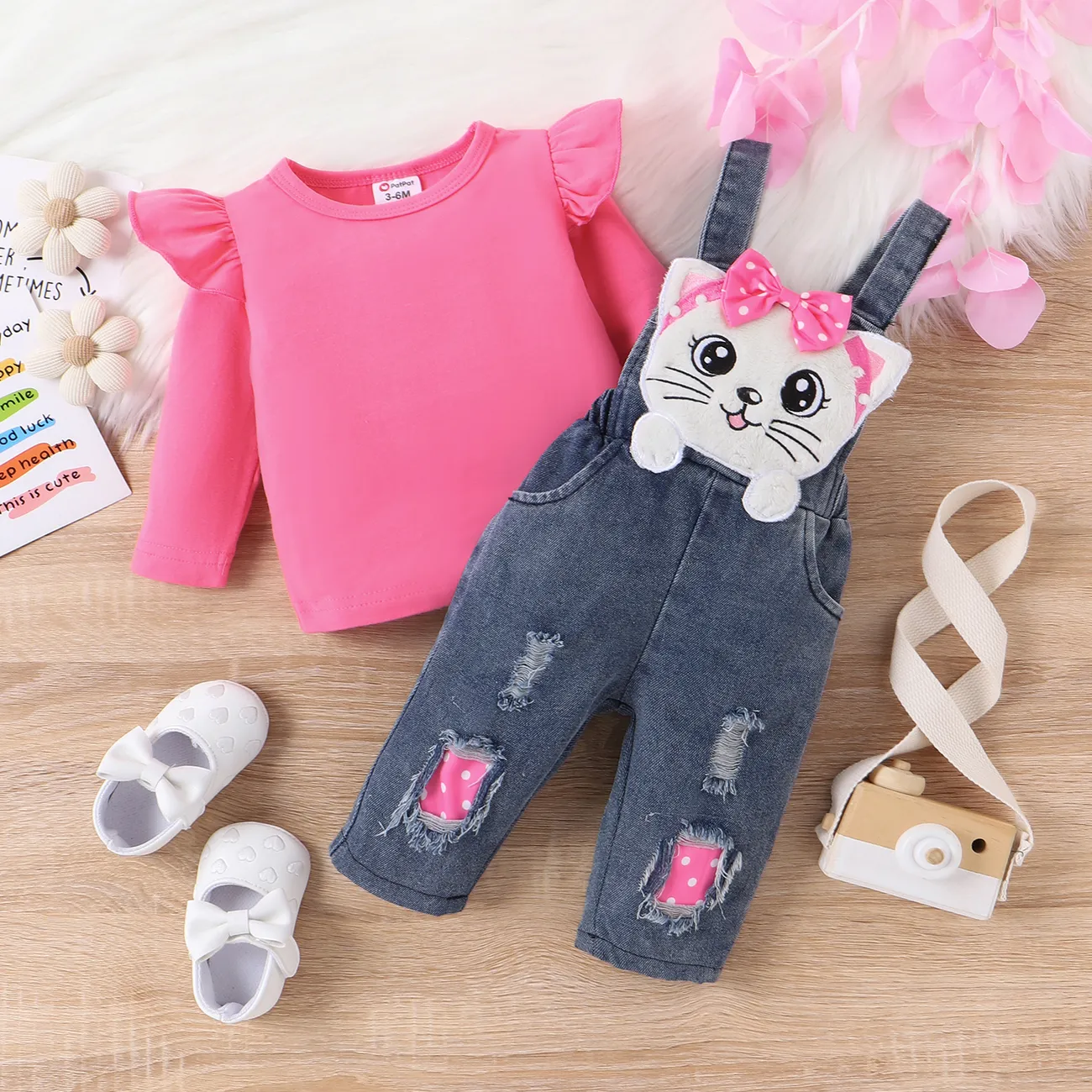 2pcs Baby Girls Ruffled Tshirt and 3D Cat Animal print Jeans Overall Set  Hot Pink big image 1