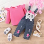 2pcs Baby Girls Ruffled Tshirt and 3D Cat Animal print Jeans Overall Set   image 2