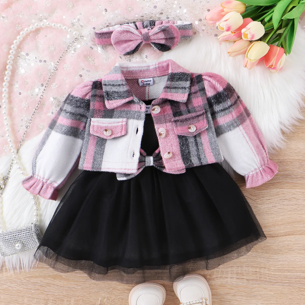 3pcs Baby Girl Sweet Pink Plaid Wool Blend Mesh Dress Set with Headband Black big image 1