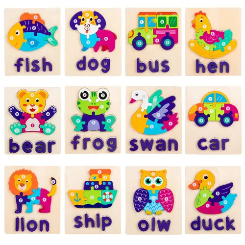 Wooden Cartoon Numbers and Letters Puzzle Toy for Early Learning and Word Recognition
