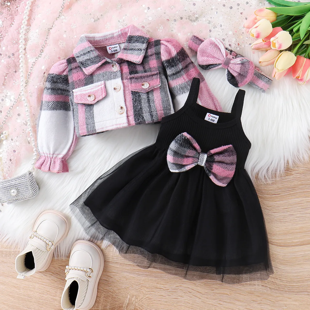 3pcs Baby Girl Sweet Pink Plaid Wool Blend Mesh Dress Set with Headband  big image 1