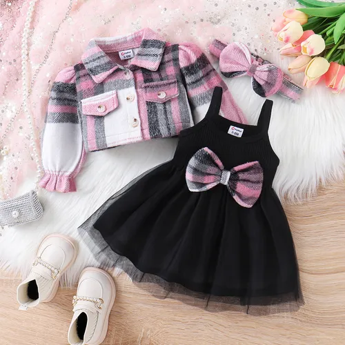 3pcs Baby Girl Sweet Pink Plaid Wool Blend Mesh Dress Set with Headband