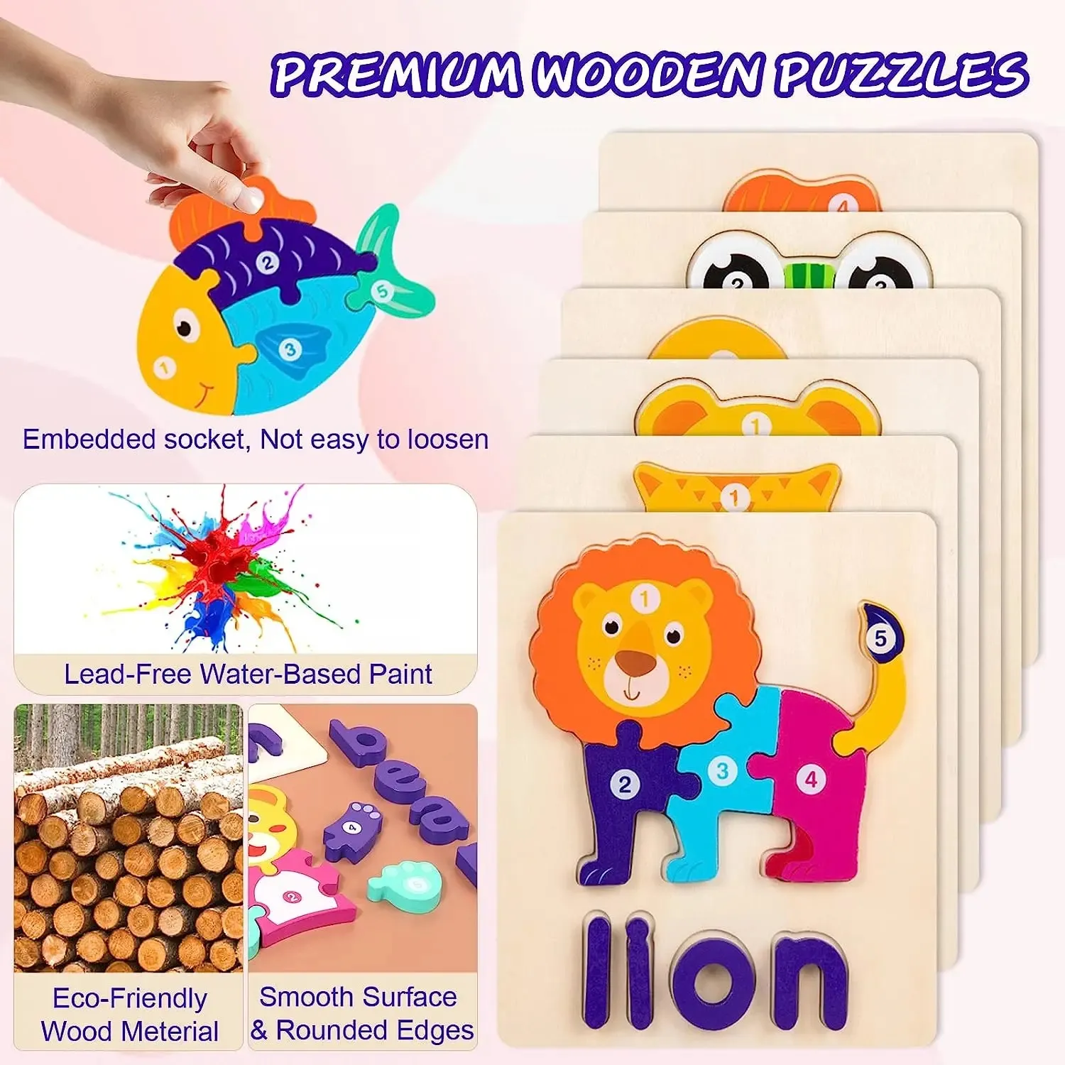 Números de desenhos animados de madeira e letras Puzzle Toy para aprendizagem precoce e reconhecimento de palavras Cor-C image 4