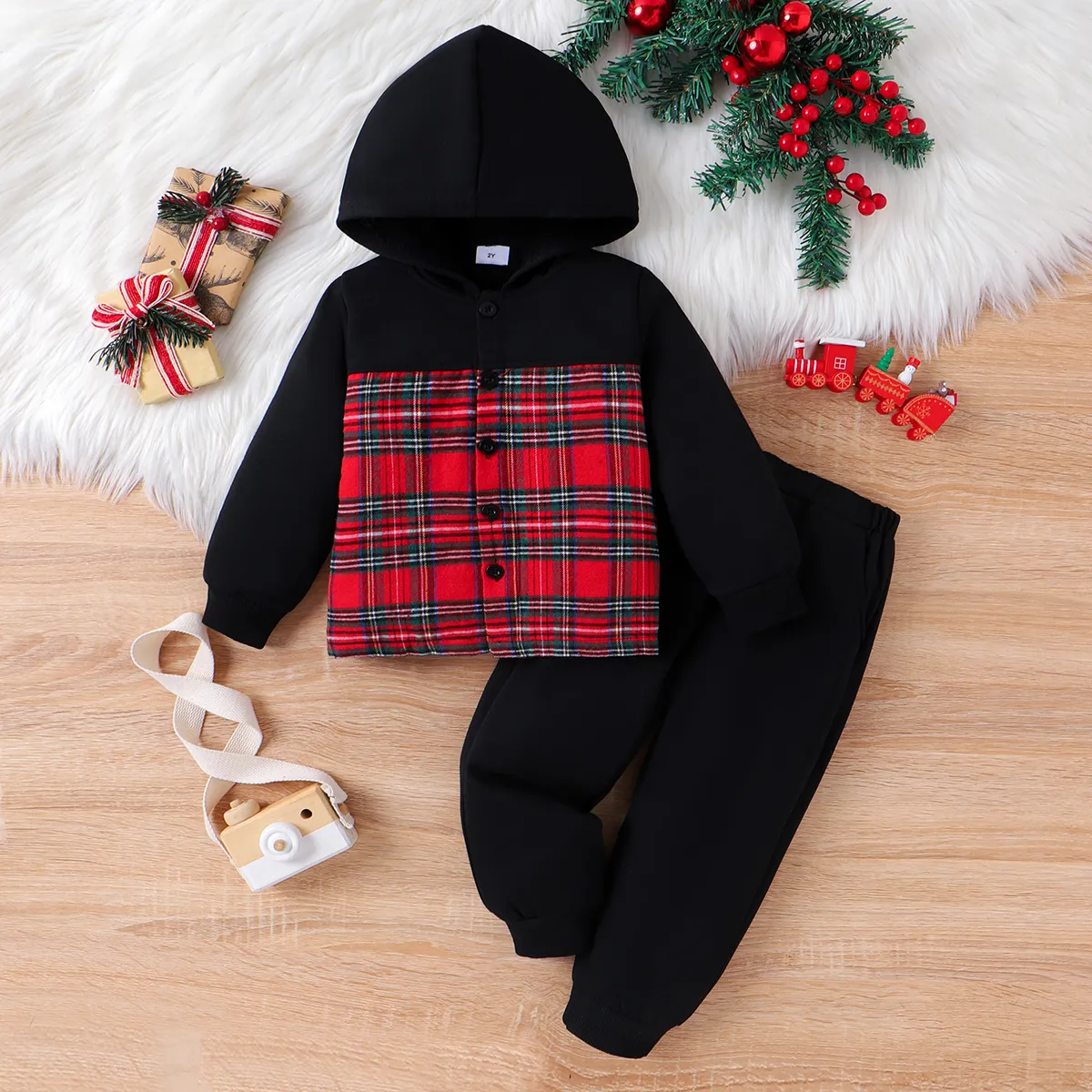 2pcs Toddler Boy Christmas Classic Grid Hooded Set