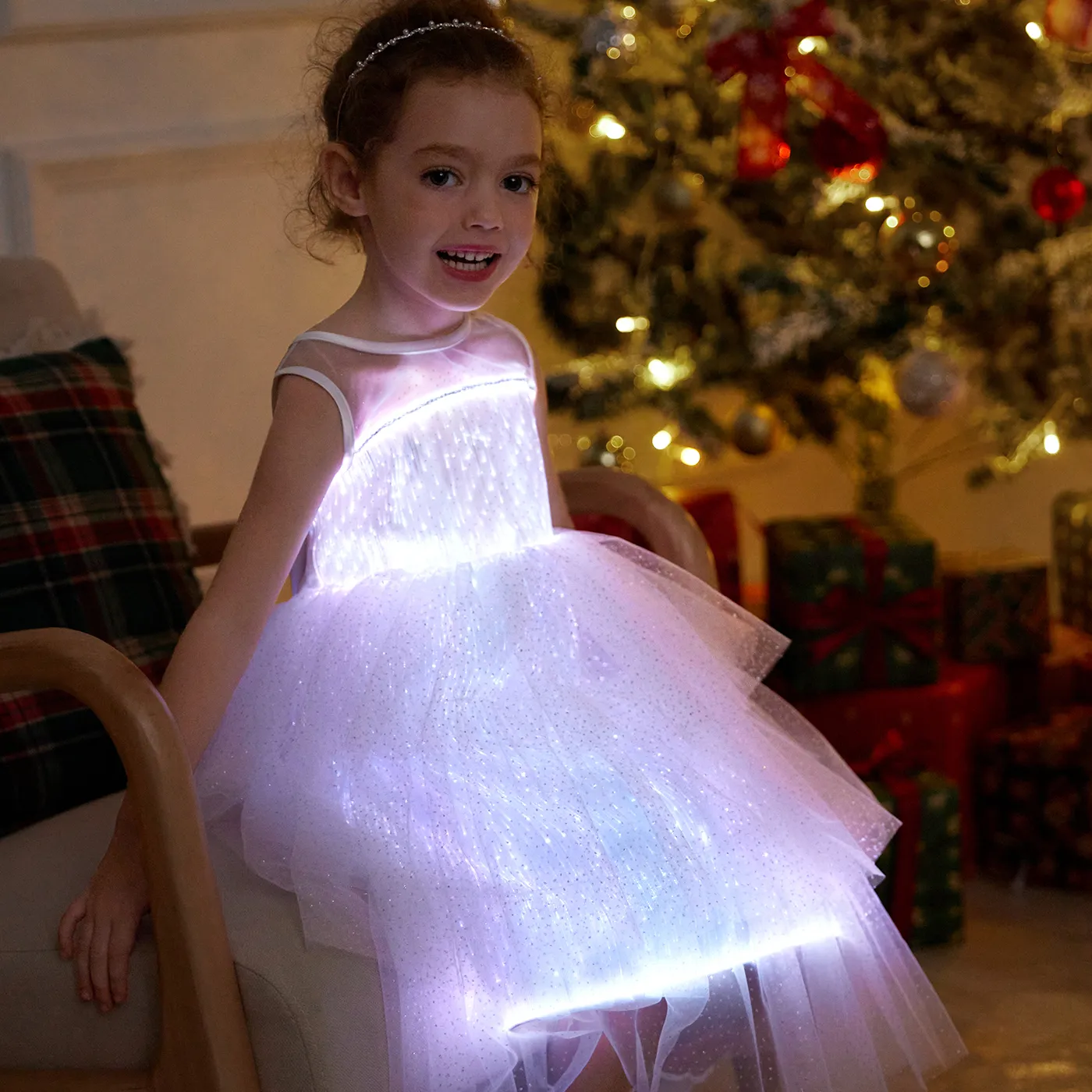 Go-Glow Light Up White Party Dress With Sequined Butterfly Including Controller (Built-In Battery)  image 6