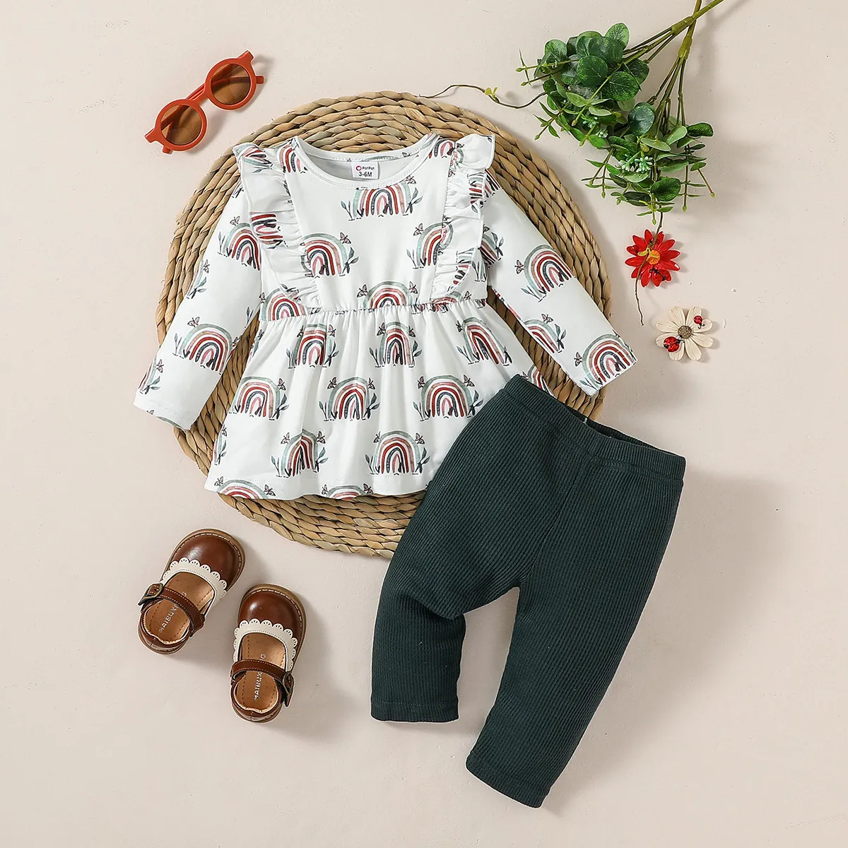 2pcs Baby Girl Allover Rainbow Print Ruffle Long-sleeve Top and Ribbed Solid Pants Set  big image 1