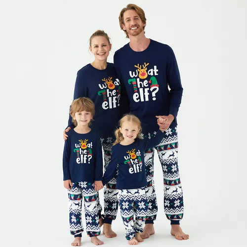 Christmas Family Matching Dark Blue Graphic Long-sleeve Pajamas Sets (Flame Resistant)