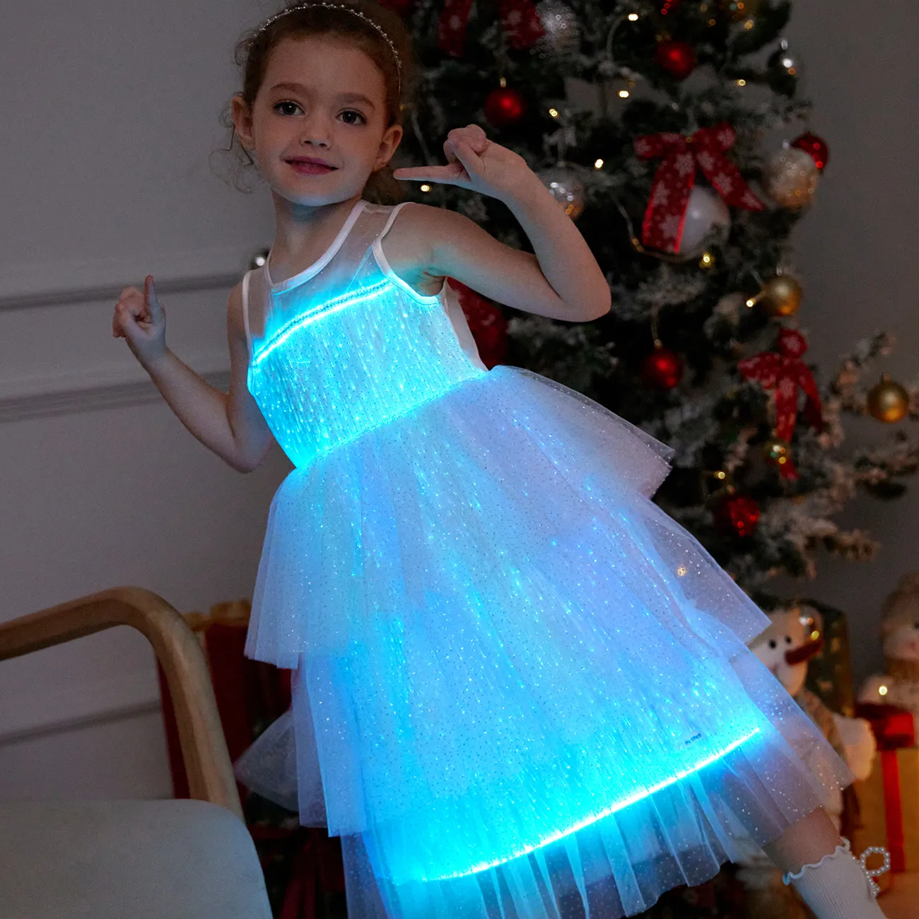 Vestido de fiesta blanco Go-Glow Light Up con mariposa de lentejuelas que incluye controlador (batería incorporada) Blanco big image 1