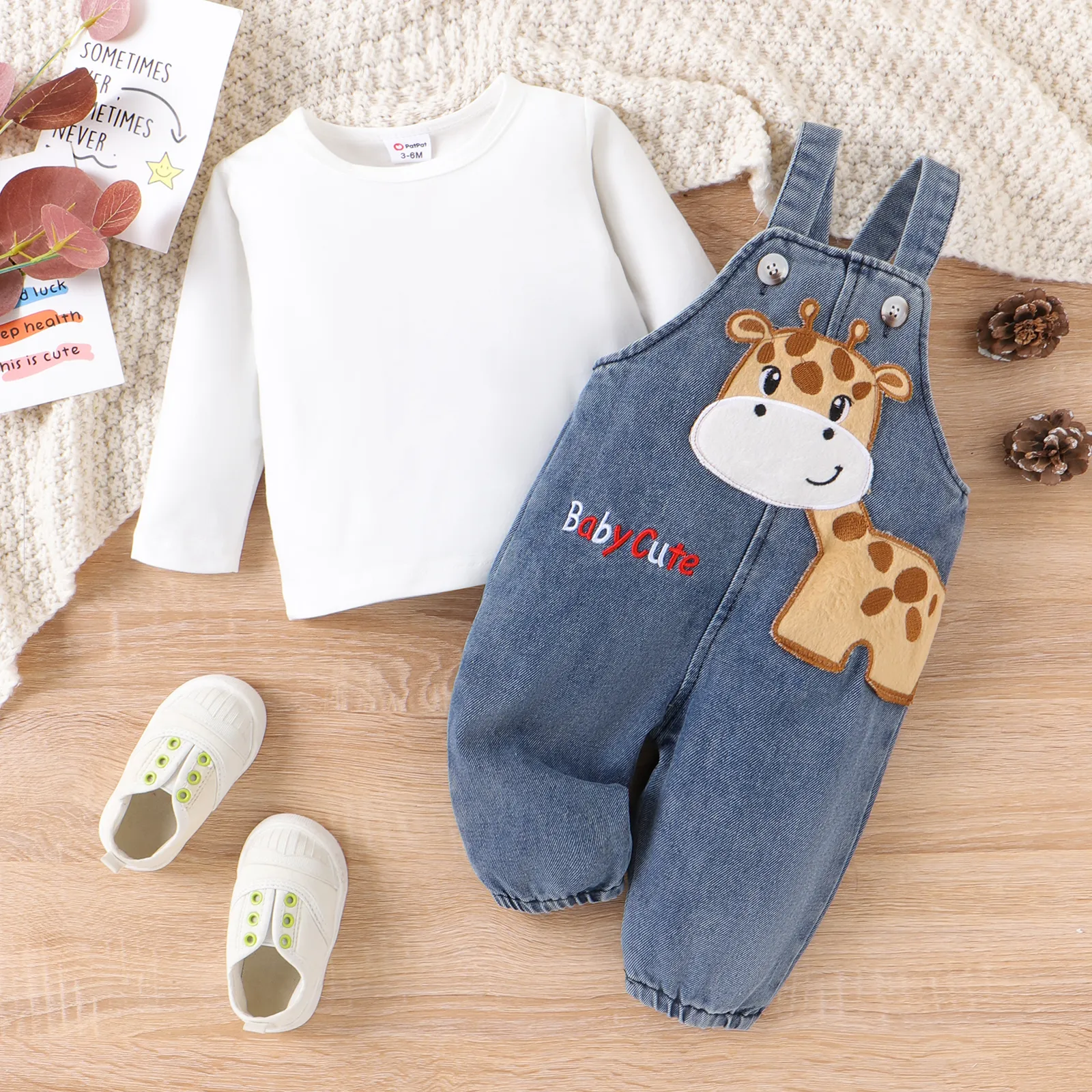 2pcs Baby Boy/Girl Childlike Giraffe Print Overalls Denim Set  image 2