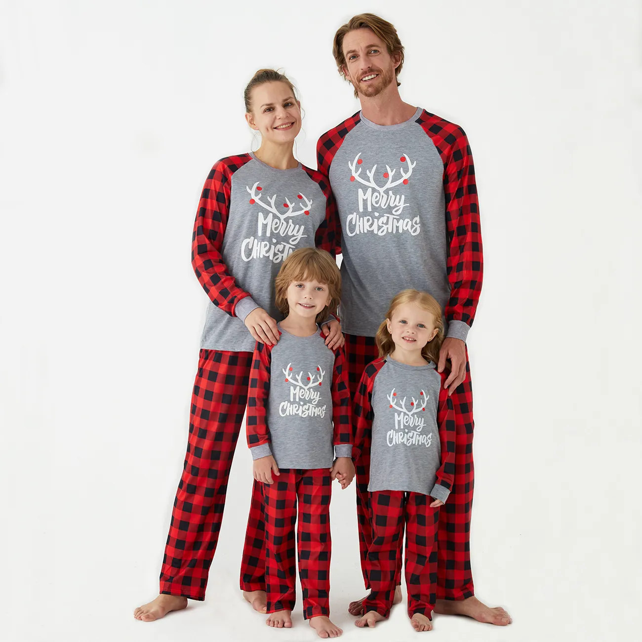 Merry Christmas Antler Letter Print Plaid Design Family Matching Pajamas Sets 