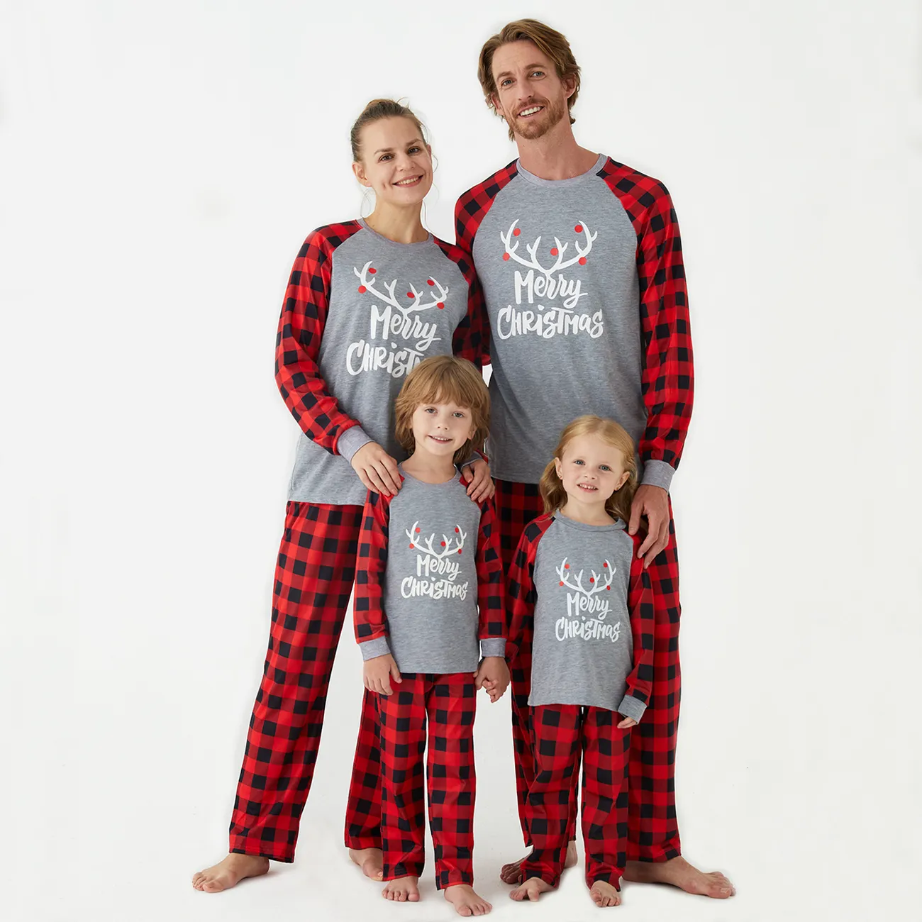 Merry Christmas Antler Letter Print Plaid Design Family Matching Pajamas Sets (Flame Resistant) Grey big image 1