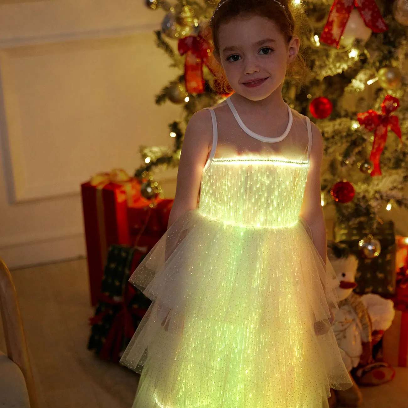 Go-Glow Light Up Weißes Partykleid mit paillettenbesetztem Schmetterling inklusive Controller (eingebauter Akku) weiß big image 1