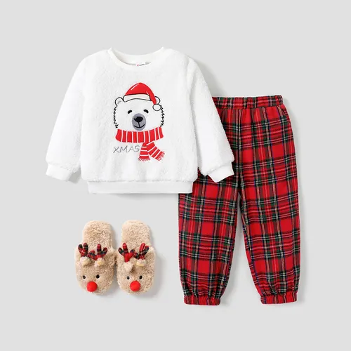 2pcs Toddler Boy Childlike Christmas Bear and Plaid Pattern Set 