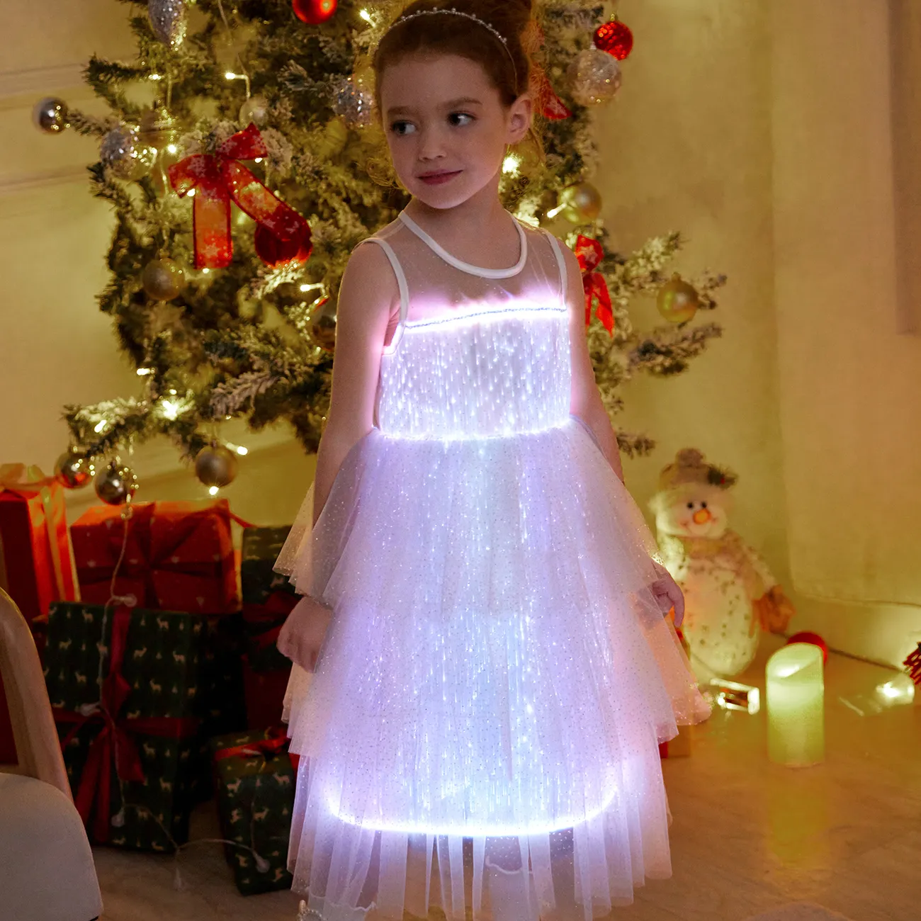 Go-Glow Light Up Weißes Partykleid mit paillettenbesetztem Schmetterling inklusive Controller (eingebauter Akku) weiß big image 1