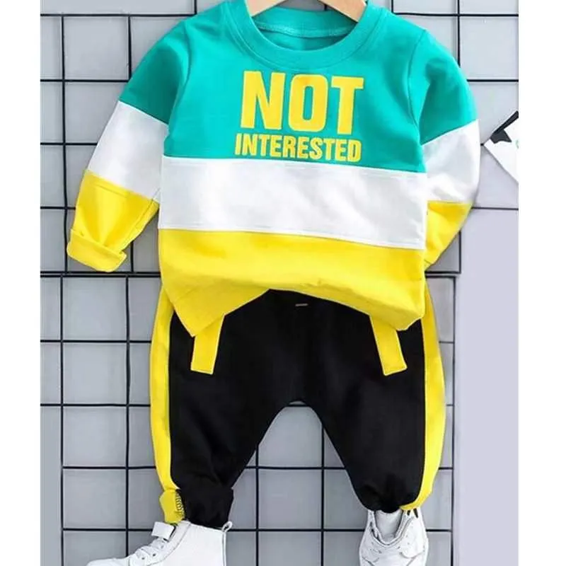 2pcs Toddler Boy Letter Print Colorblock Cotton Pullover Sweatshirt and Pants Set Yellow big image 1