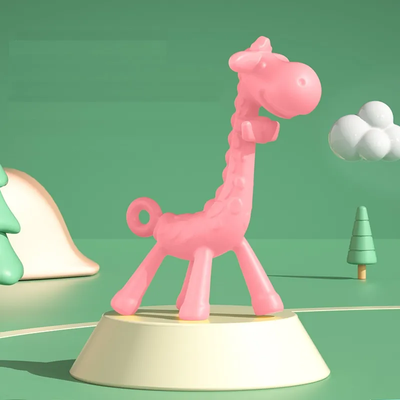 Giraffe Silicone Teething Toy for Infants and Babies Pink
