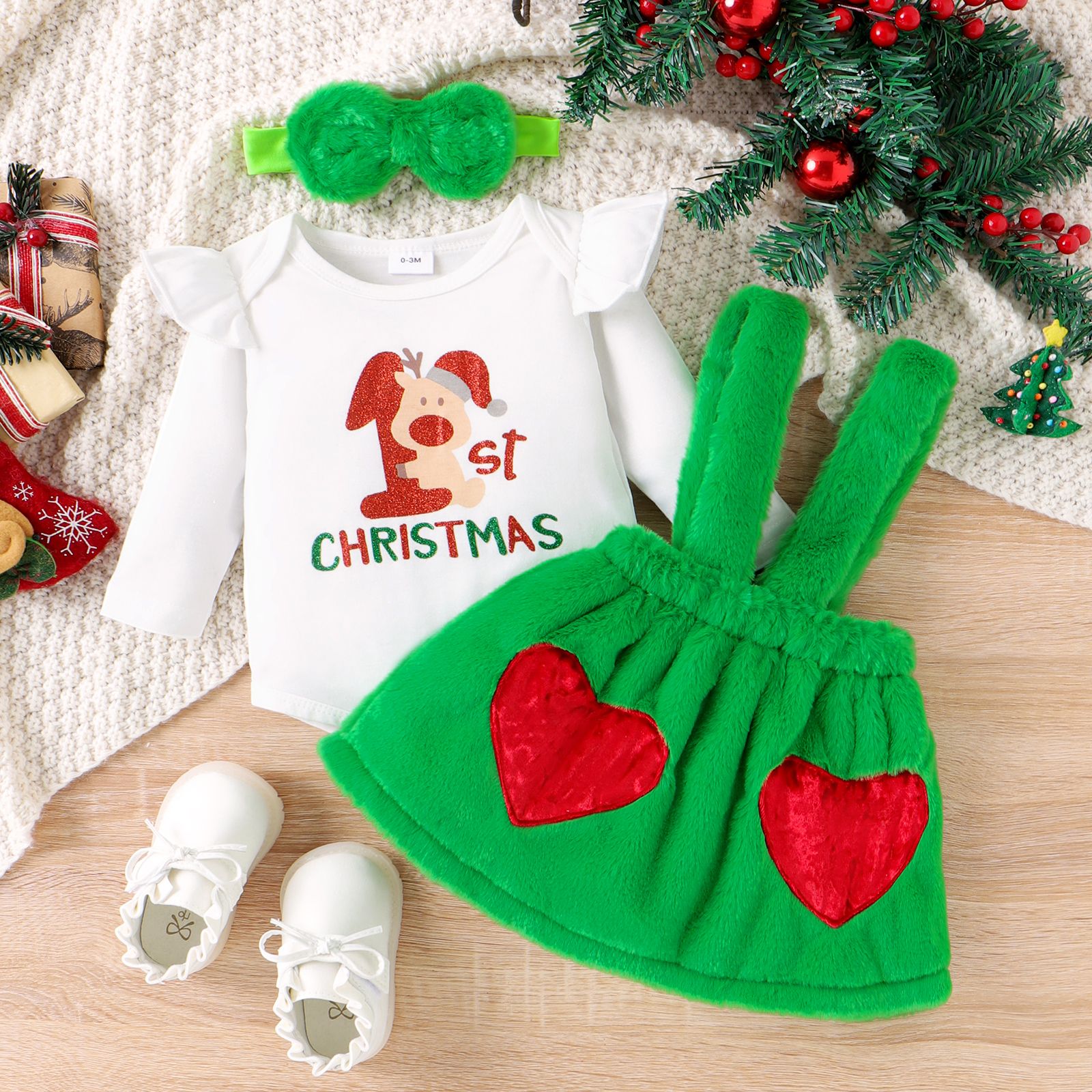 Christmas 3pcs Baby Girl Suit-dress With Sweet Christmas Pattern And Fabric Stitching With Headband