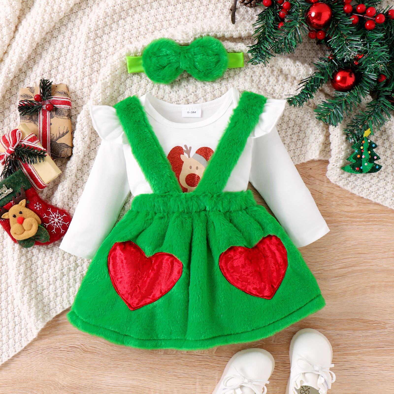 Christmas 3pcs Baby Girl Suit-dress With Sweet Christmas Pattern And Fabric Stitching With Headband
