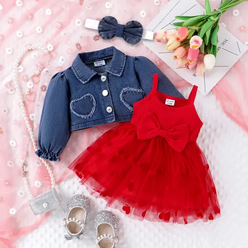 3pcs Valentine's Day Heart-Shaped Denim Dress Set for Baby Girl with Headband