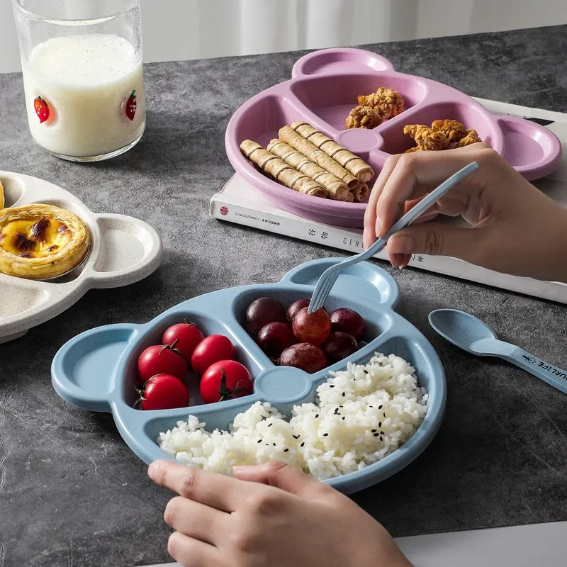 Cartoon Bear-shaped Cutlery Set with Divided Breakfast Plate Blue image 3
