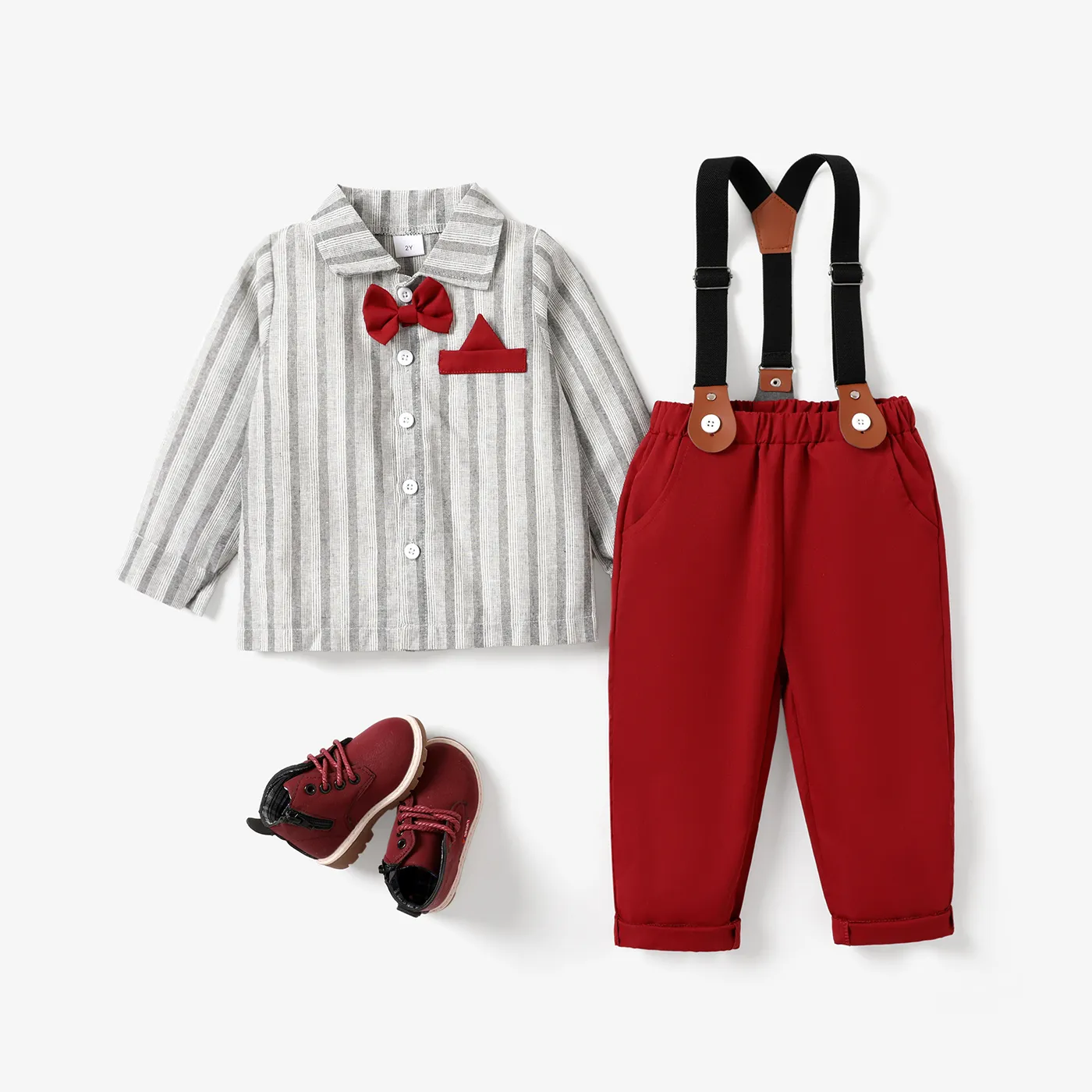 3PCS Toddler Boy Christmas Hyper-Tactile 3D Design Stripe Shirt/ Pants/Suspender Set