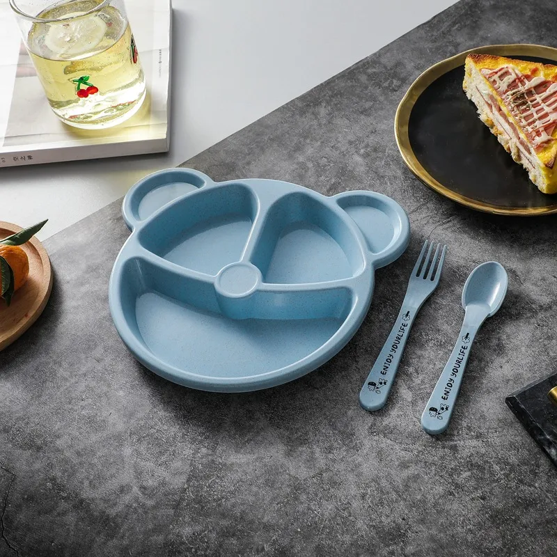 Cartoon Bear-shaped Cutlery Set with Divided Breakfast Plate Blue big image 1