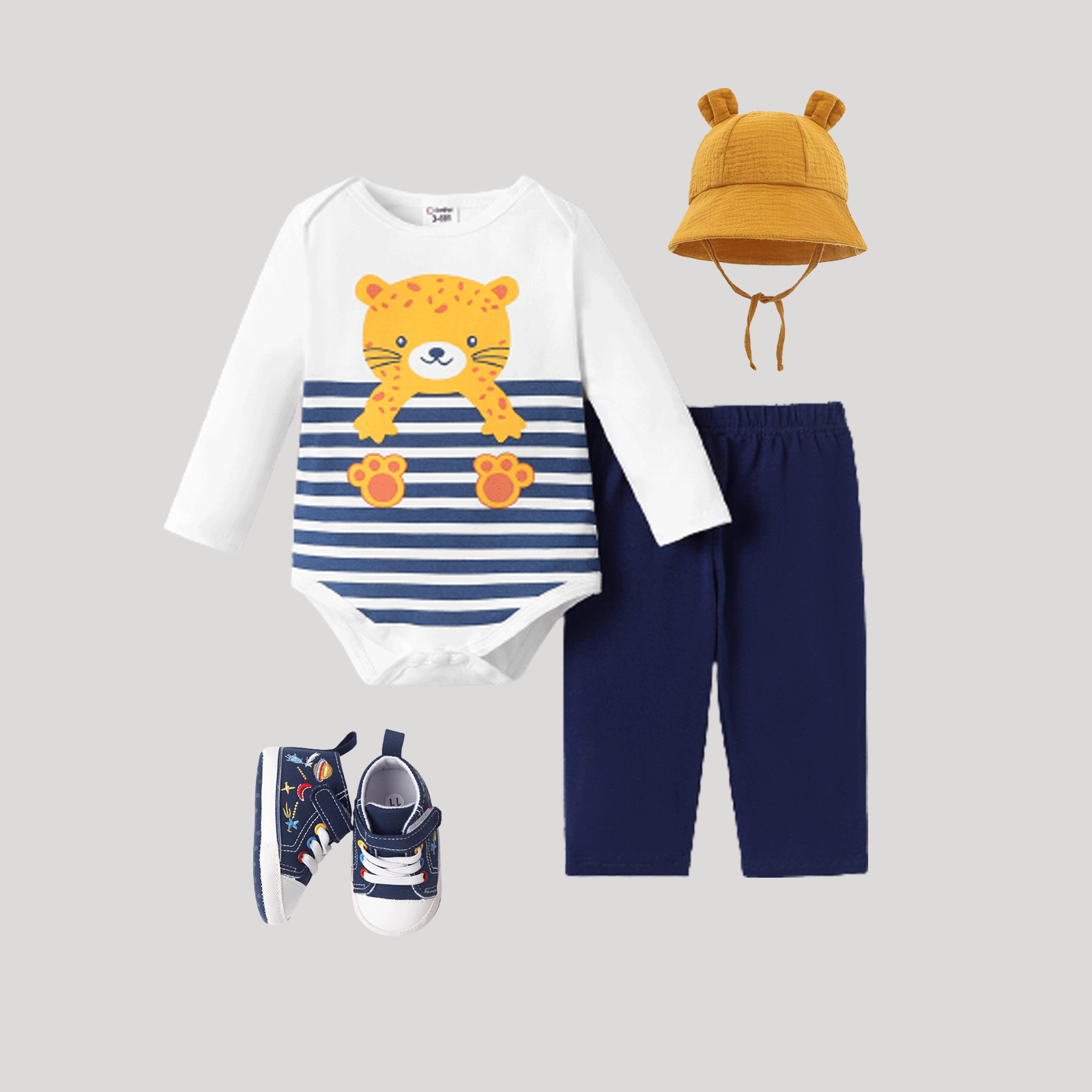 2PCS Baby Boy Stylish Childlike Animal Leopard Pattern Top/ Pant Set Dark Blue image 2