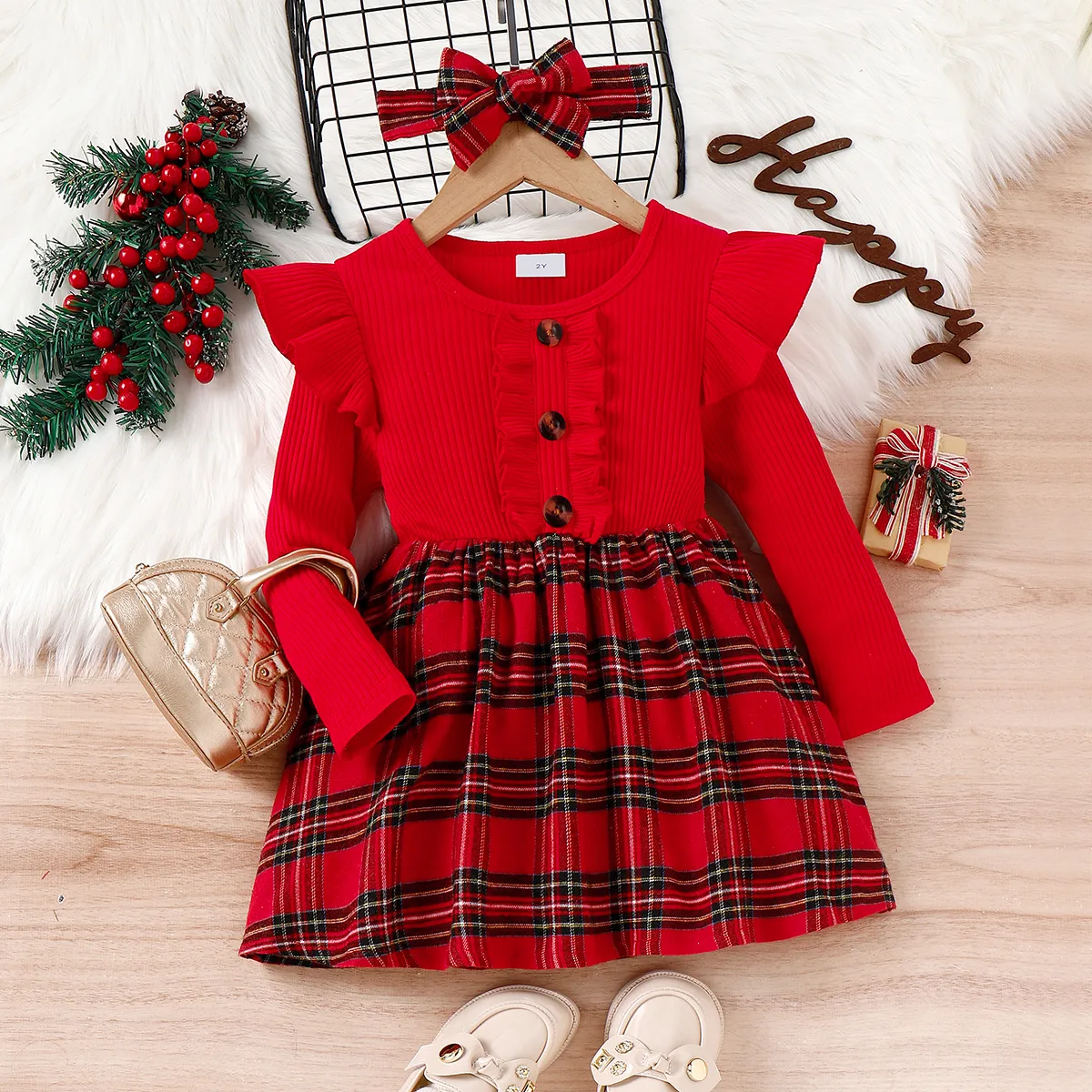 Toddler Girl Classic Grid/Houndstooth Design Christmas  Ruffle Dress   big image 1