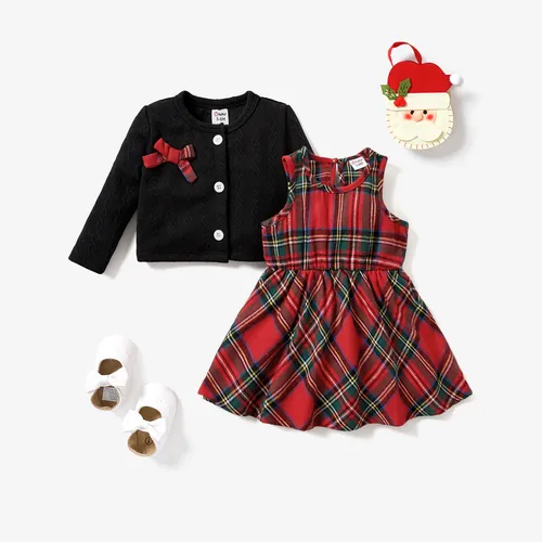  2PCS Baby Girl Classic Button Feature Grid/Houndstooth Long Sleeve Dress Set