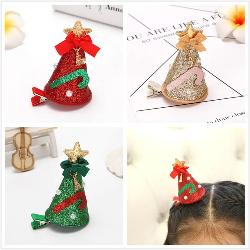 A los adultos/niños les gustan las pinzas para el pelo con gorro de Navidad con perlas y pajarita Oro big image 1