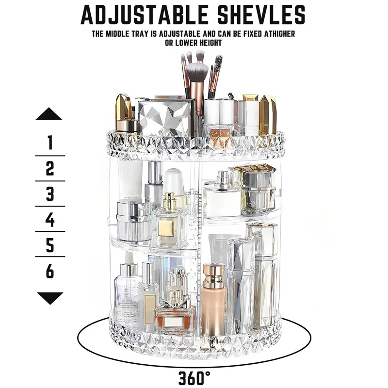 360-Degree Rotating Clear Acrylic Makeup Organizer with Circular Diamond Surface