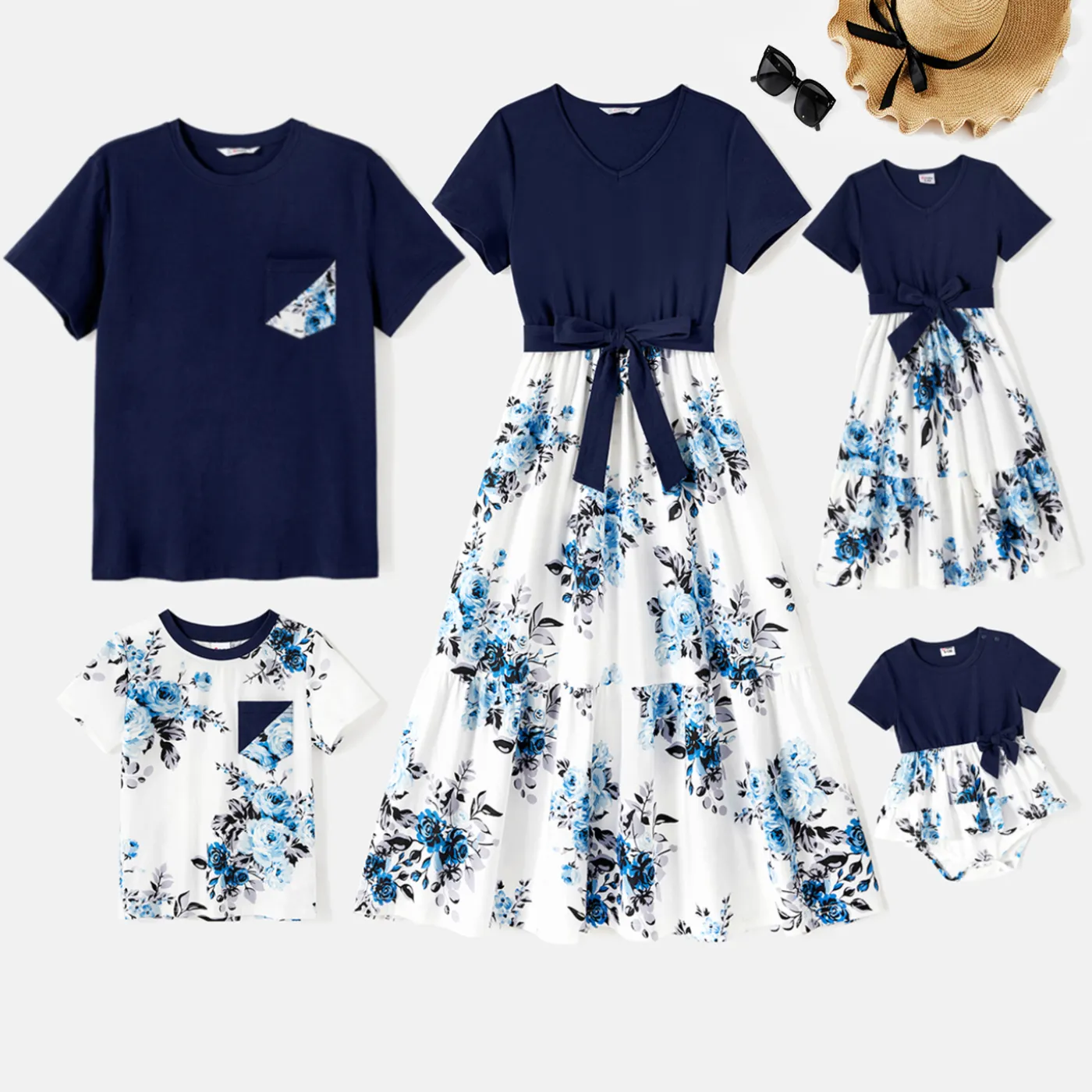 Family Matching 95% Cotton Dark Blue Short-sleeve T-shirts and Floral Print Spliced Dresses Sets